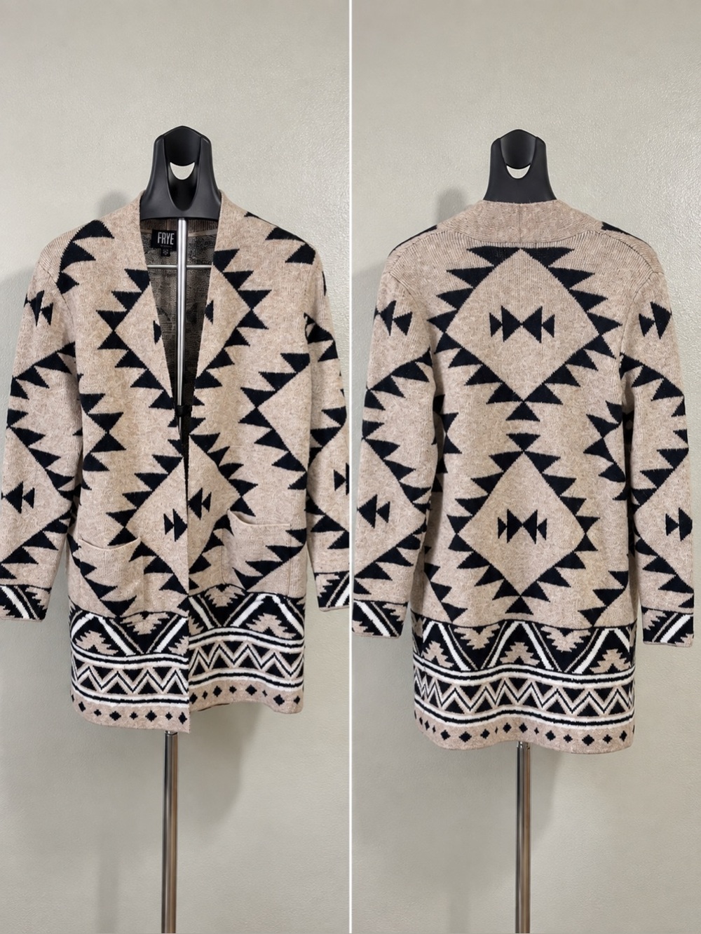Frye Aztec Open Cardigan Sweater Medium Tan Black Western Southwest Layering